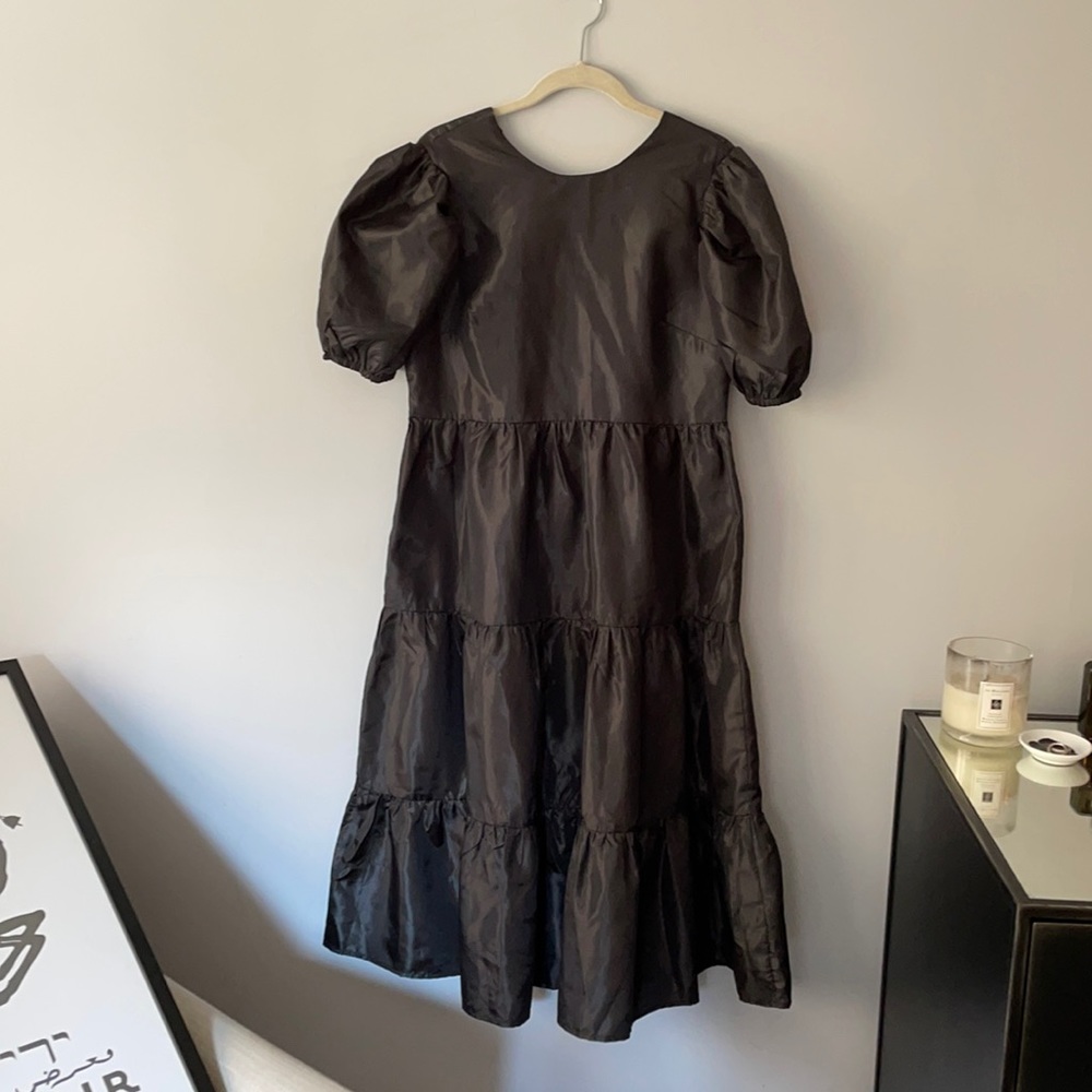 Milk It Black Puff Sleeve Taffeta Open Back Maxi Dress